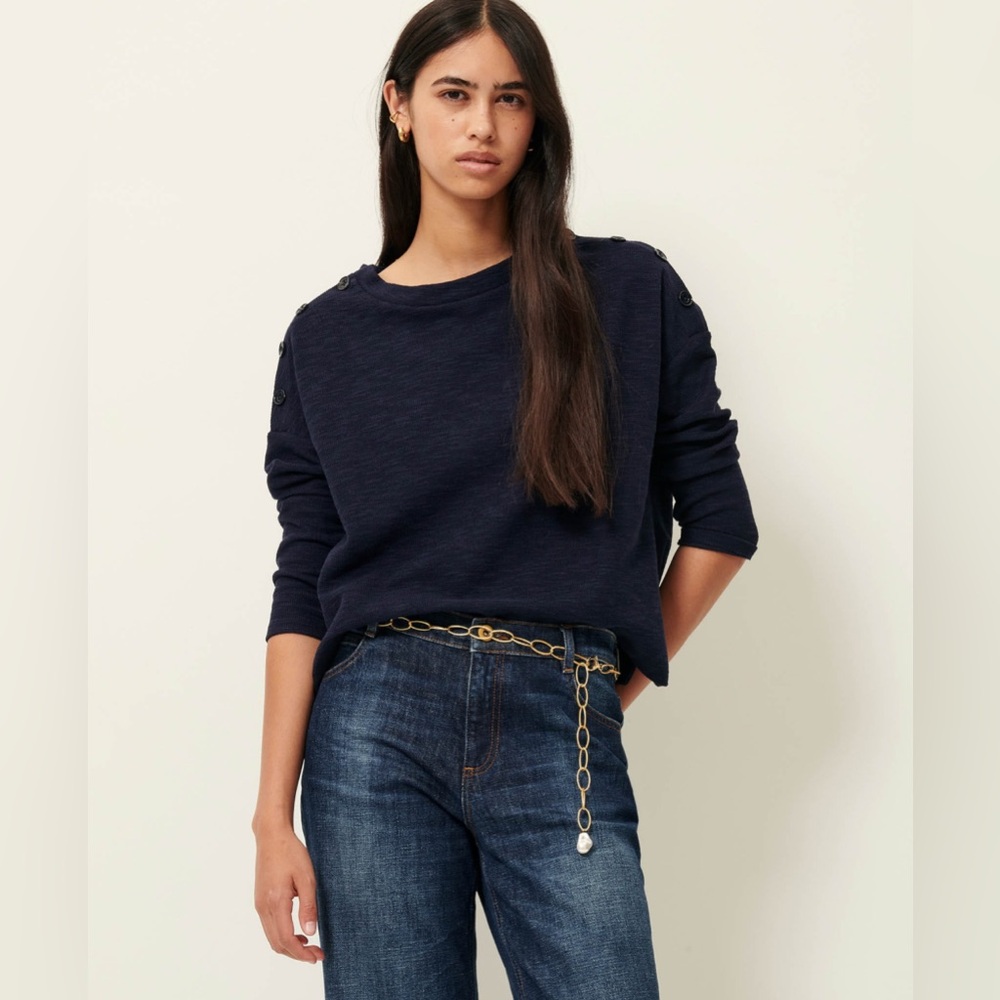 Navy Button-Shoulder Sweater